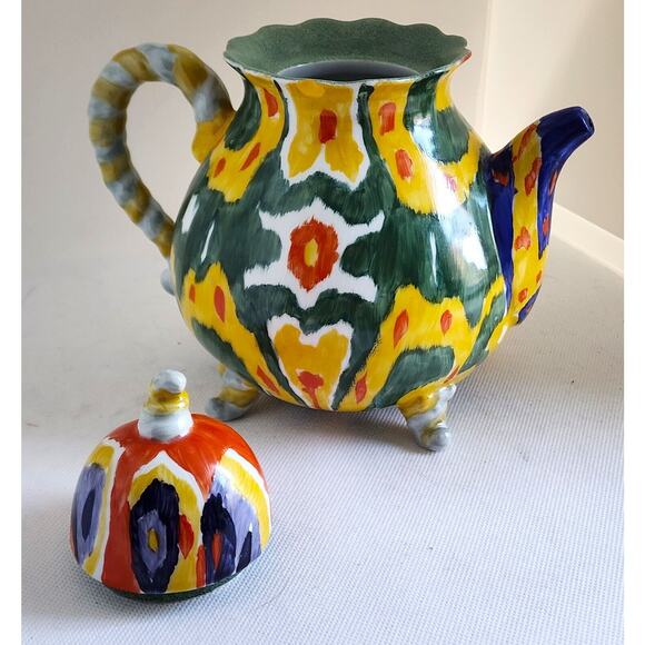 TEAPOT/ANTHROPOLOGY-Blackbird-Green-Yellow-"Tie Dye" Design-Hand Painted-4 cups - Picture 6 of 14